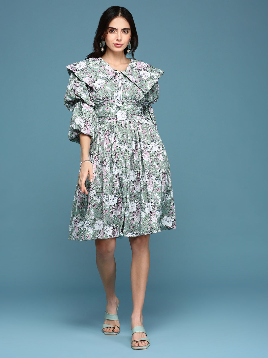 Women's Sea Green Floral Printed Puff Sleeves Gathered Fit & Flare Dress