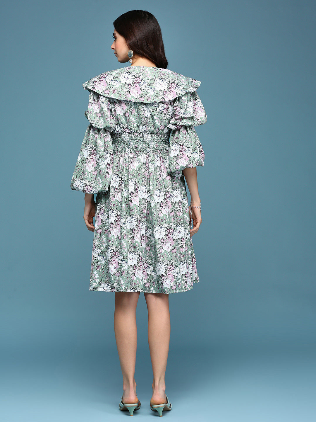 Women's Sea Green Floral Printed Puff Sleeves Gathered Fit & Flare Dress