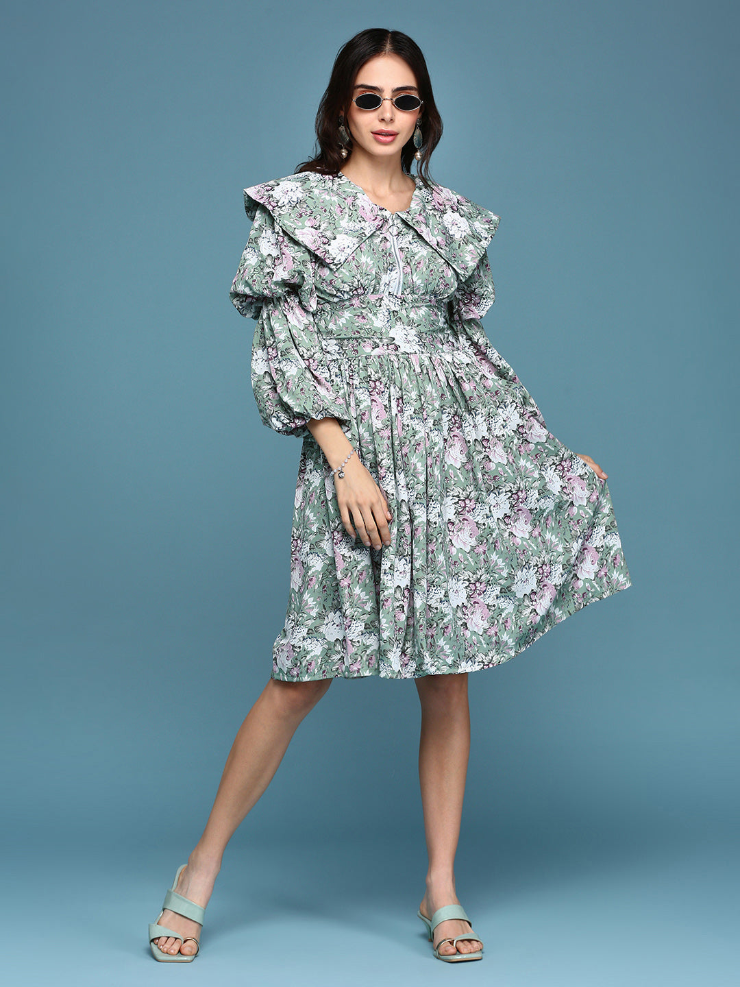 Women's Sea Green Floral Printed Puff Sleeves Gathered Fit & Flare Dress