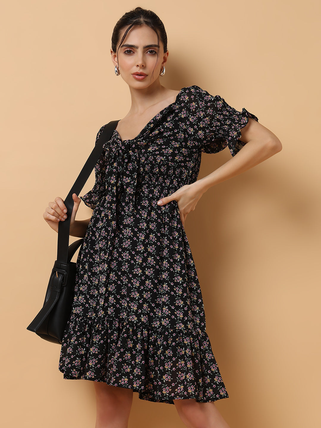 Women's Black Floral Printed Off-Shoulder Tie Up Smocked Chiffon Fit & Flare Dress