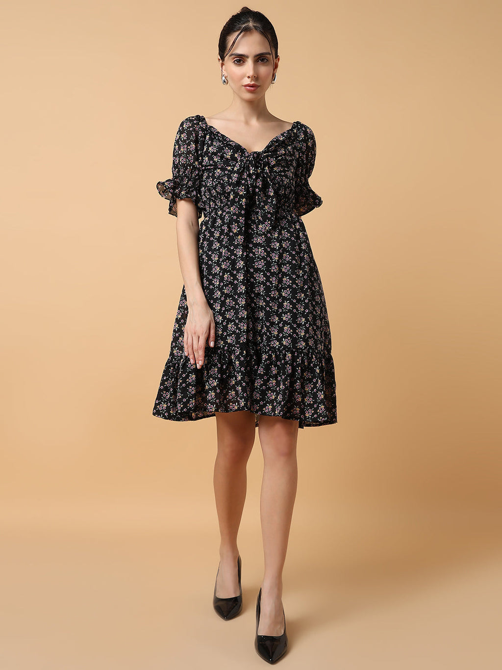 Women's Black Floral Printed Off-Shoulder Tie Up Smocked Chiffon Fit & Flare Dress