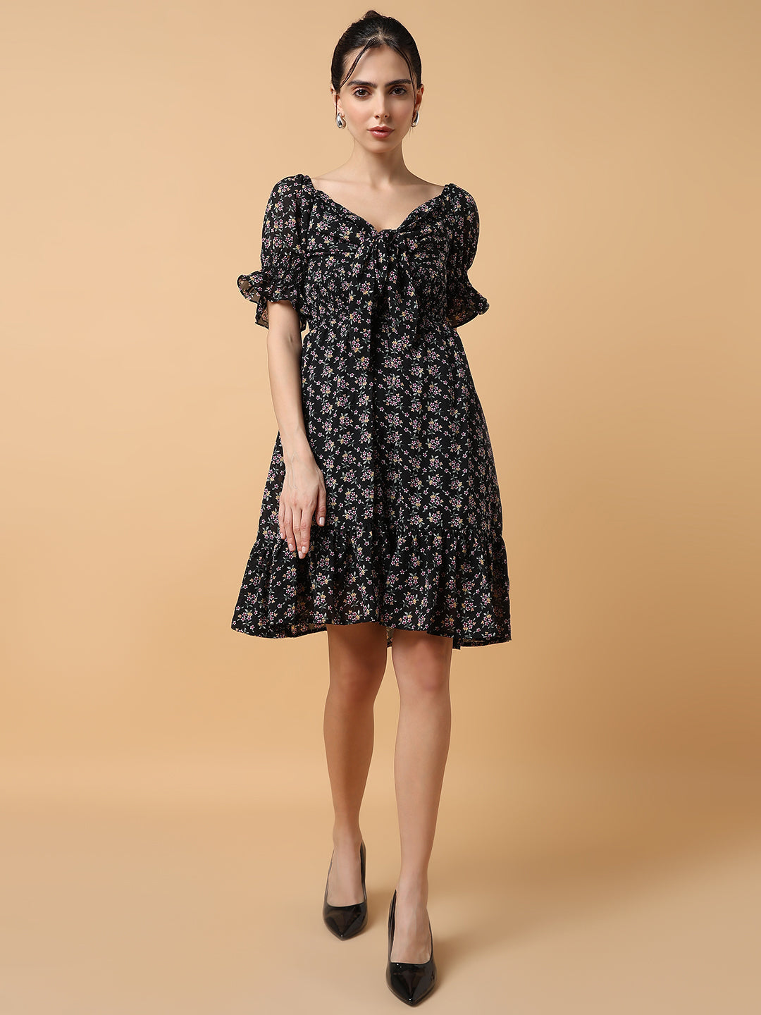 Women's Black Floral Printed Off-Shoulder Tie Up Smocked Chiffon Fit & Flare Dress