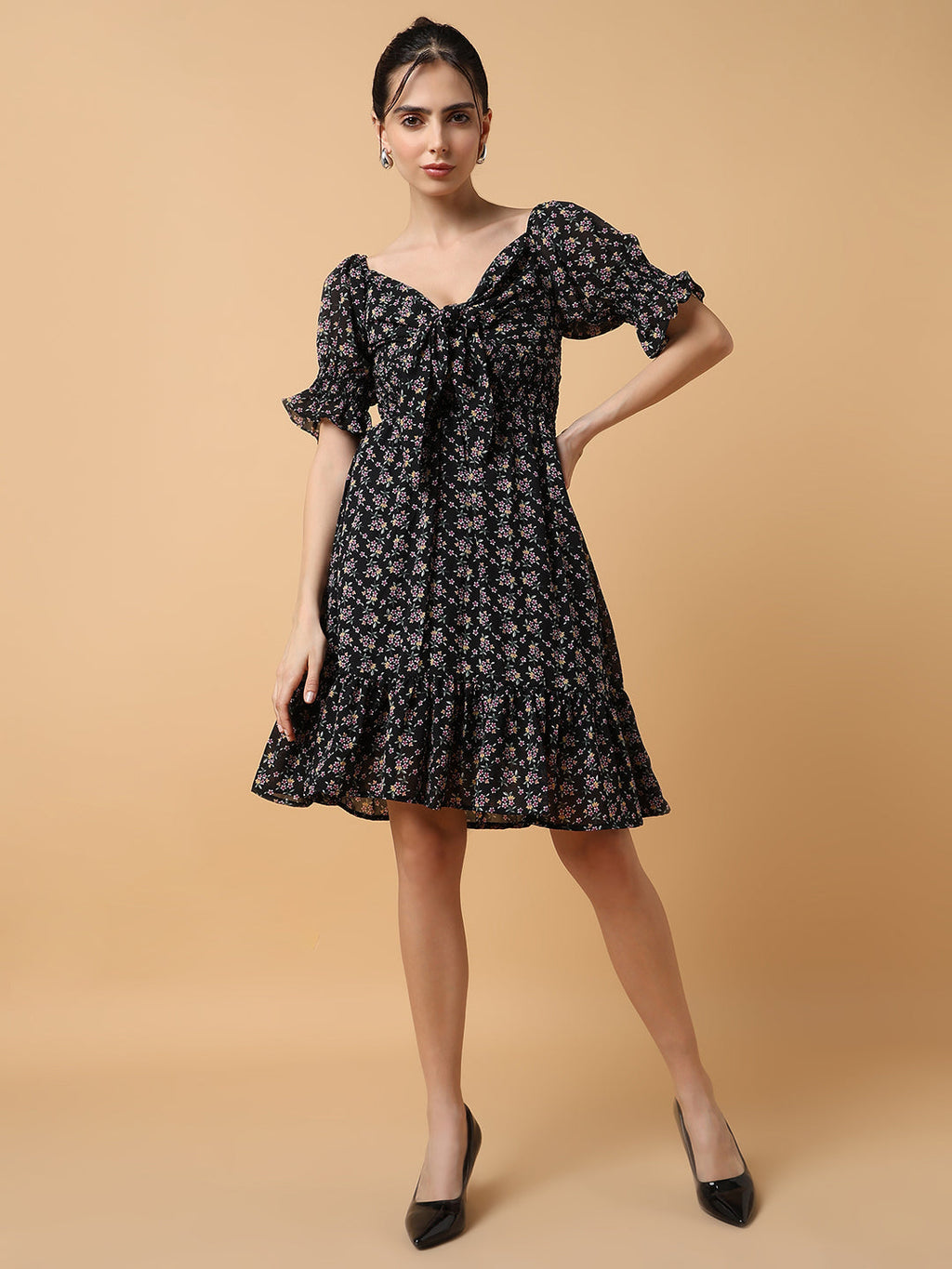 Women's Black Floral Printed Off-Shoulder Tie Up Smocked Chiffon Fit & Flare Dress