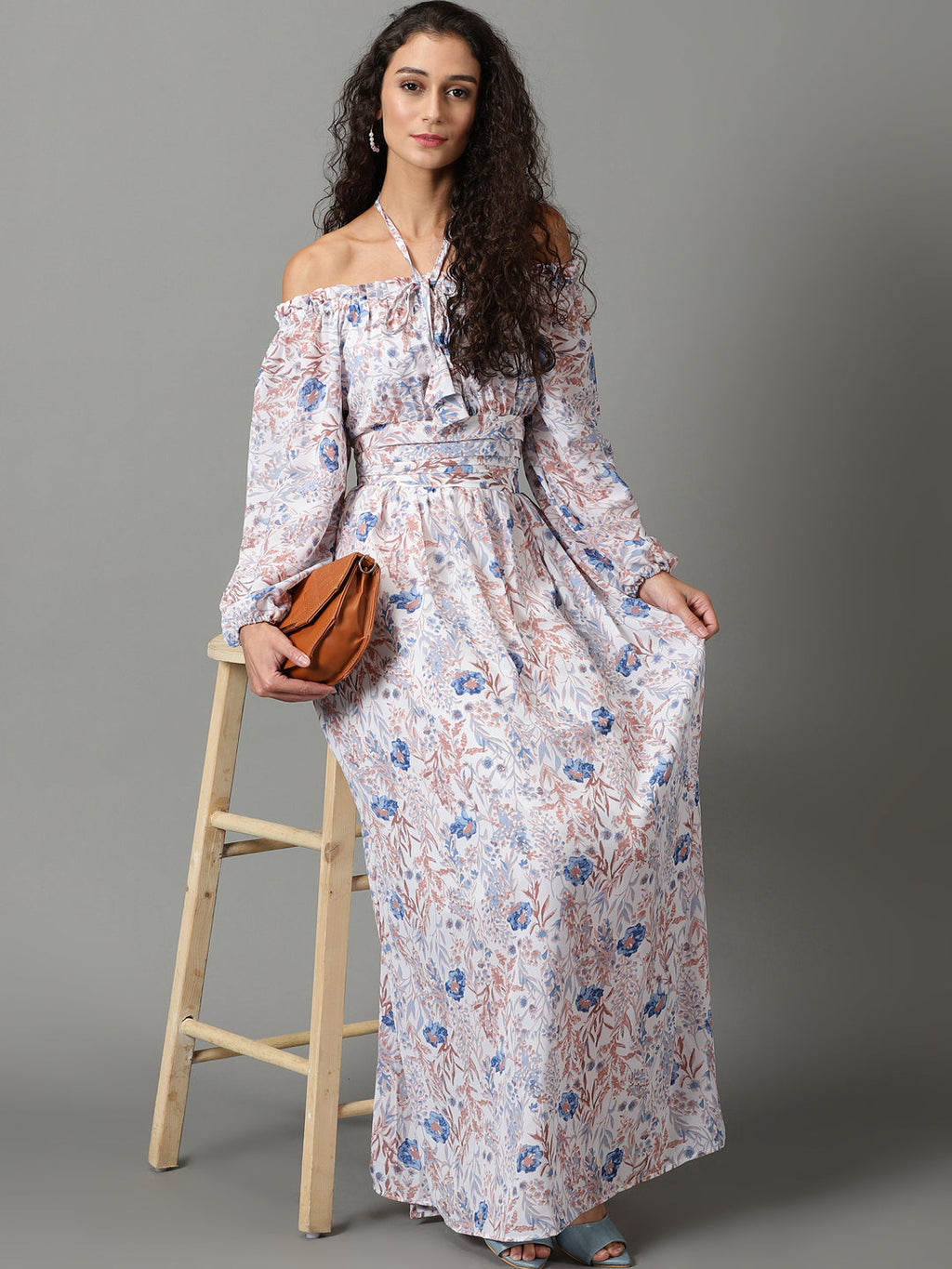 Women's White Floral Printed Off-Shoulder Puff Sleeves Gathered Fit & Flare Maxi Dress