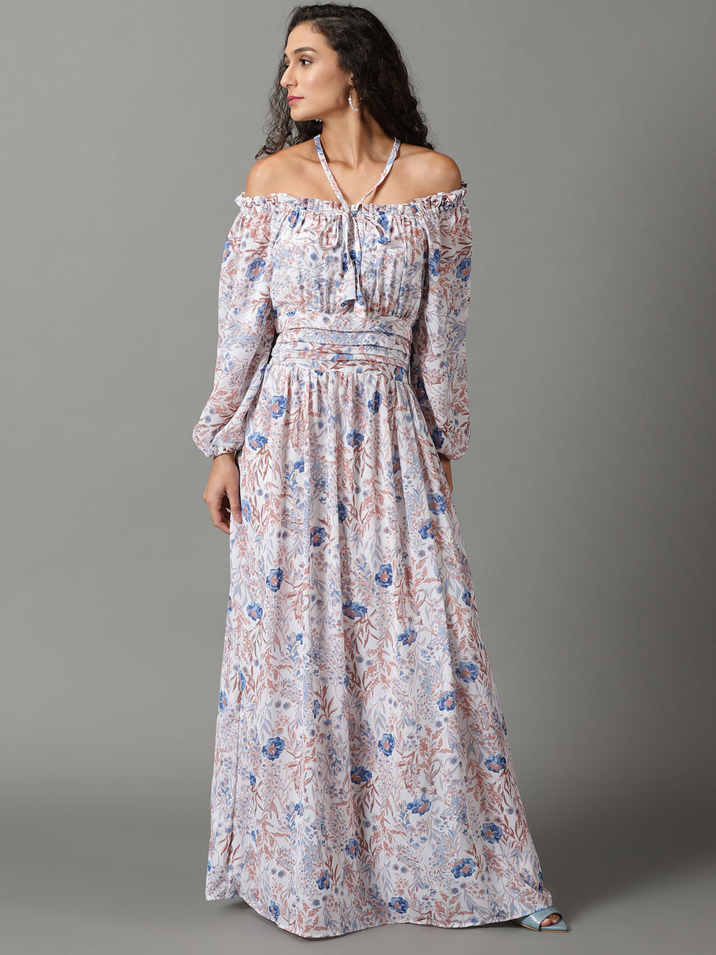Women's White Floral Printed Off-Shoulder Puff Sleeves Gathered Fit & Flare Maxi Dress