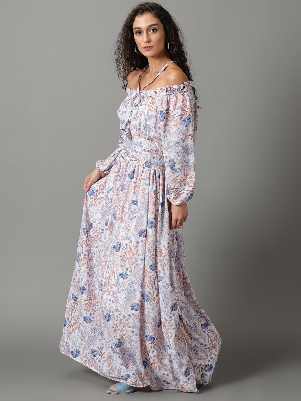 Women's White Floral Printed Off-Shoulder Puff Sleeves Gathered Fit & Flare Maxi Dress