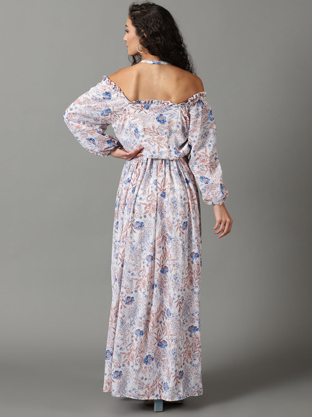 Women's White Floral Printed Off-Shoulder Puff Sleeves Gathered Fit & Flare Maxi Dress