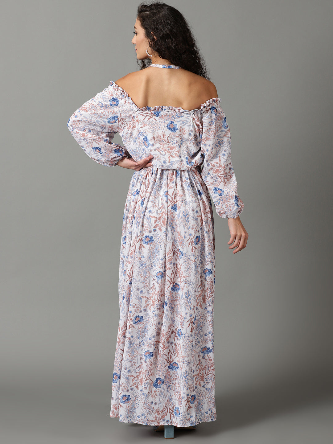 Women's White Floral Printed Off-Shoulder Puff Sleeves Gathered Fit & Flare Maxi Dress