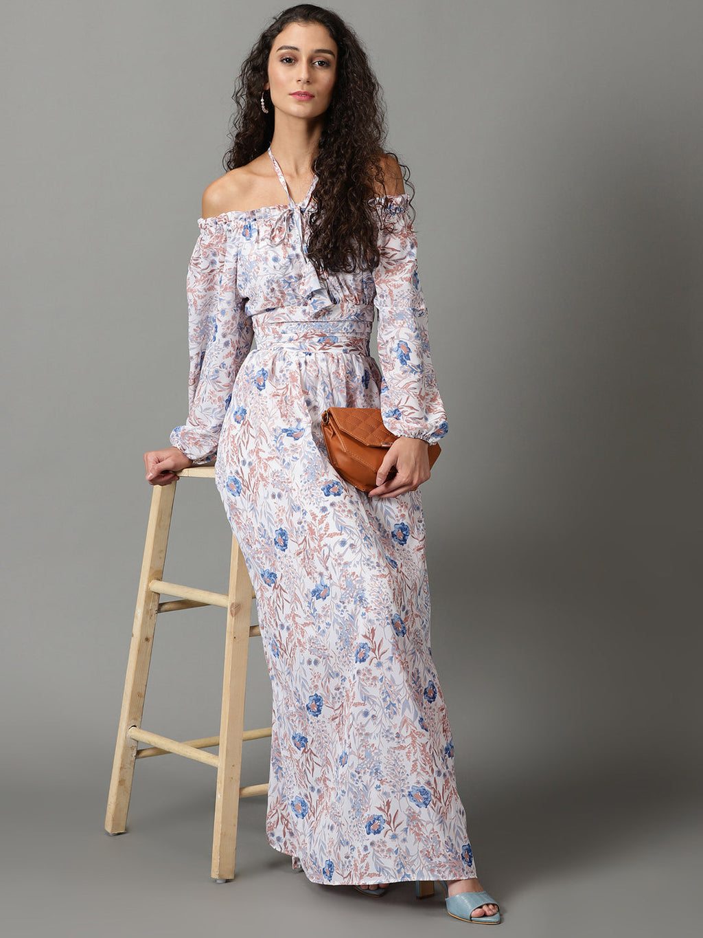 Women's White Floral Printed Off-Shoulder Puff Sleeves Gathered Fit & Flare Maxi Dress