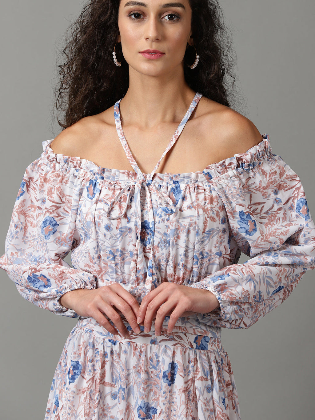 Women's White Floral Printed Off-Shoulder Puff Sleeves Gathered Fit & Flare Maxi Dress