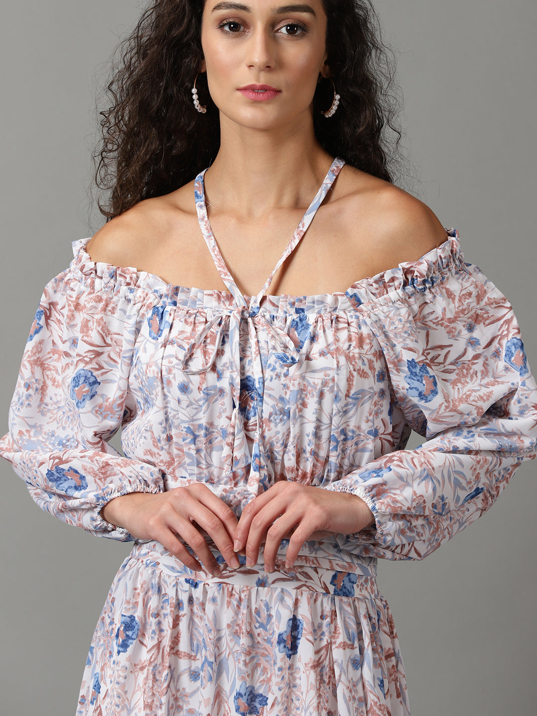 Women's White Floral Printed Off-Shoulder Puff Sleeves Gathered Fit & Flare Maxi Dress