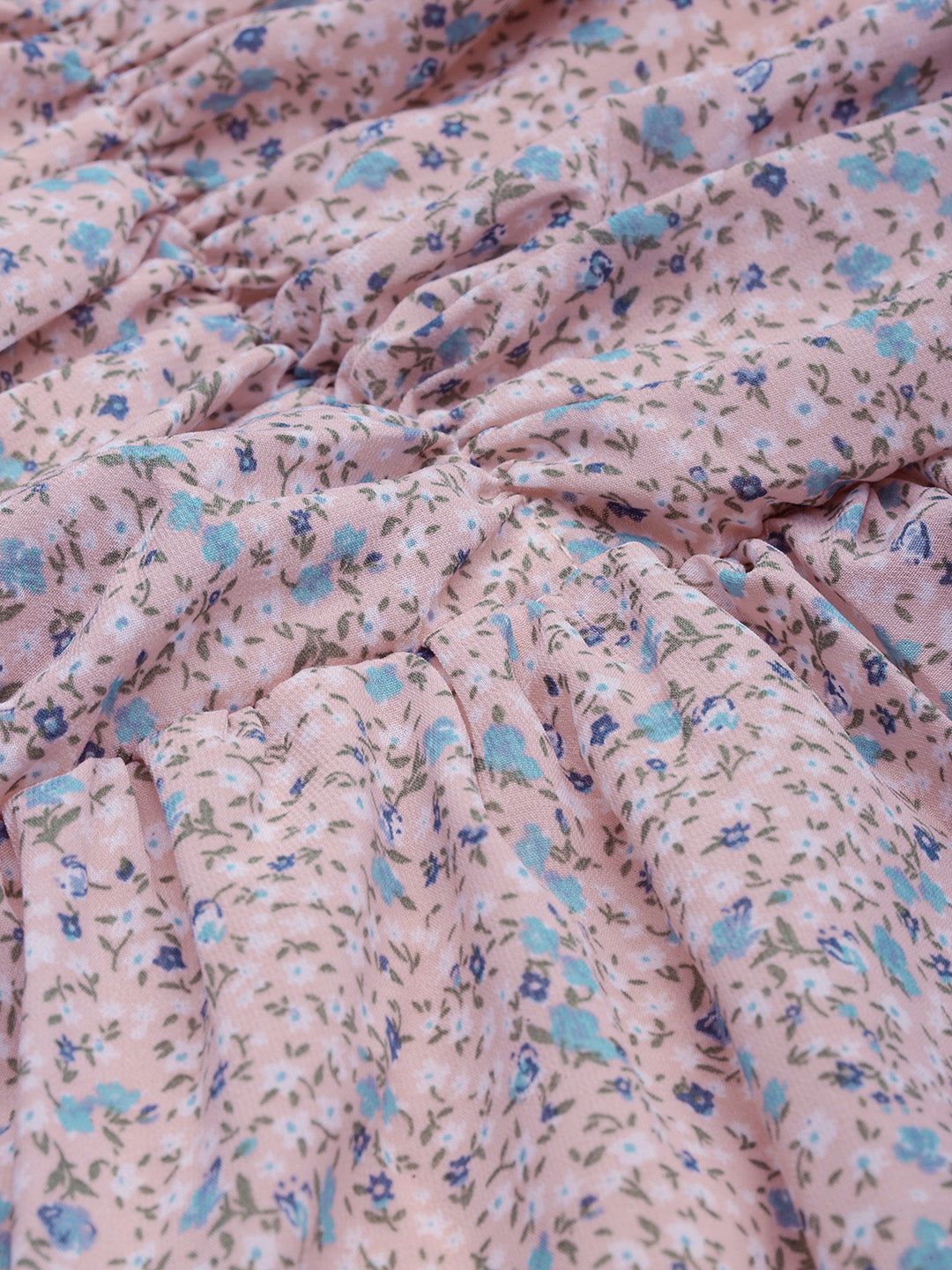 Women's Peach Floral Printed Gathered Ruched Fit & Flare Dress