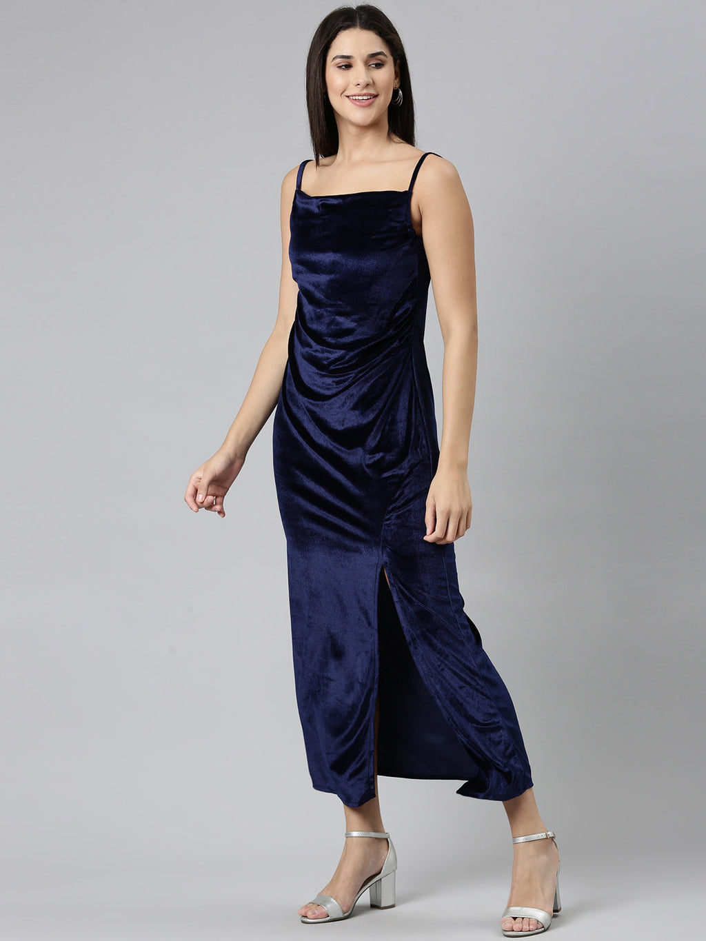 Women's Navy Blue Shoulder Strap Gown Dress