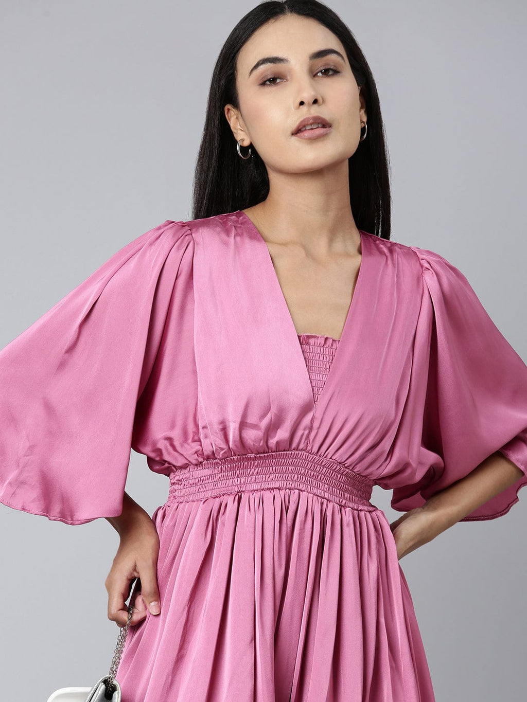 Women's Pink Puff Sleeve Satin Fit & Flare Midi Dress