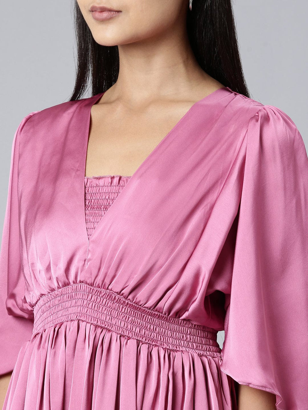Women's Pink Puff Sleeve Satin Fit & Flare Midi Dress