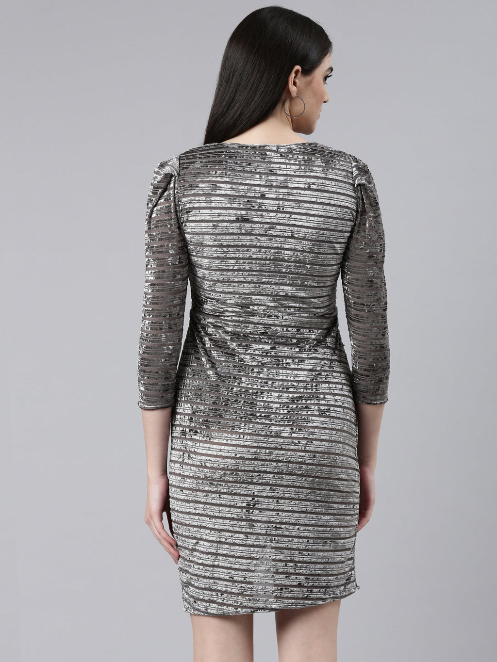 Women's Grey Self Design V-Neck Sheath Dress
