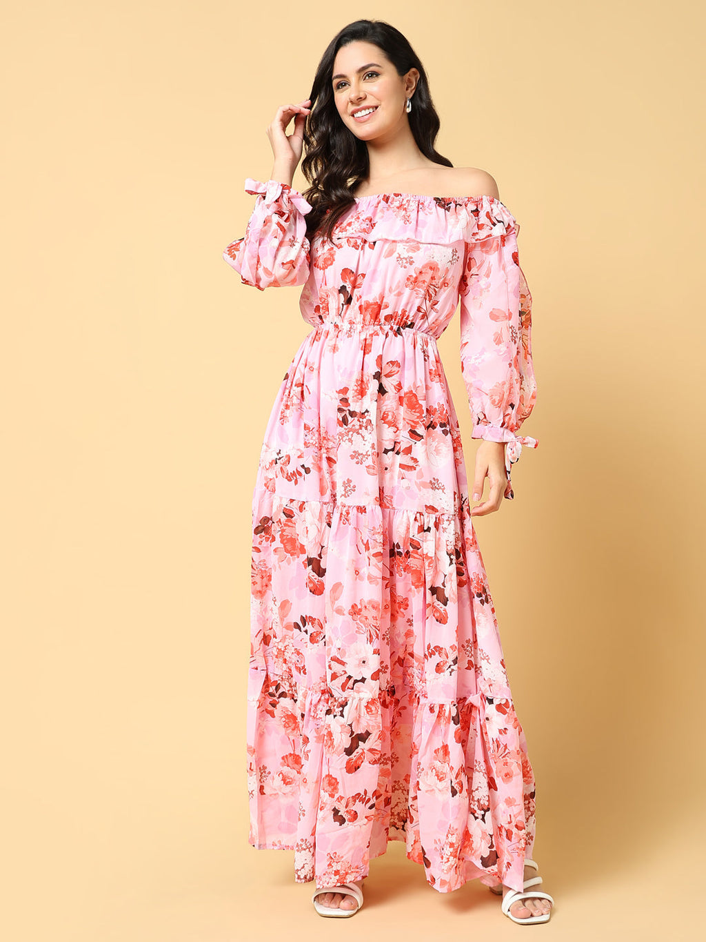 Women's Pink Floral Print Off-Shoulder Puff Sleeve Georgette Fit & Flare Maxi Dress