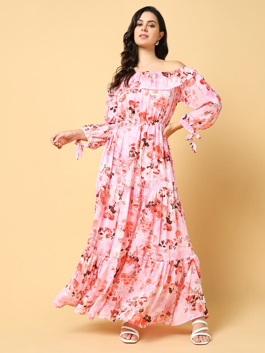 Women's Pink Floral Print Off-Shoulder Puff Sleeve Georgette Fit & Flare Maxi Dress