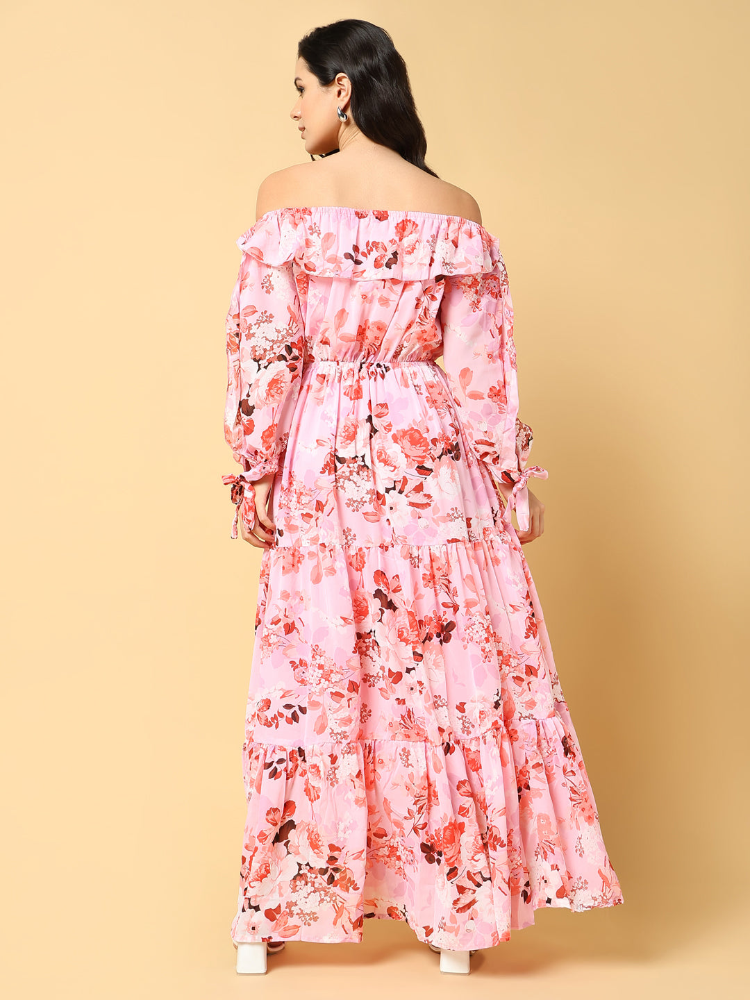 Women's Pink Floral Print Off-Shoulder Puff Sleeve Georgette Fit & Flare Maxi Dress