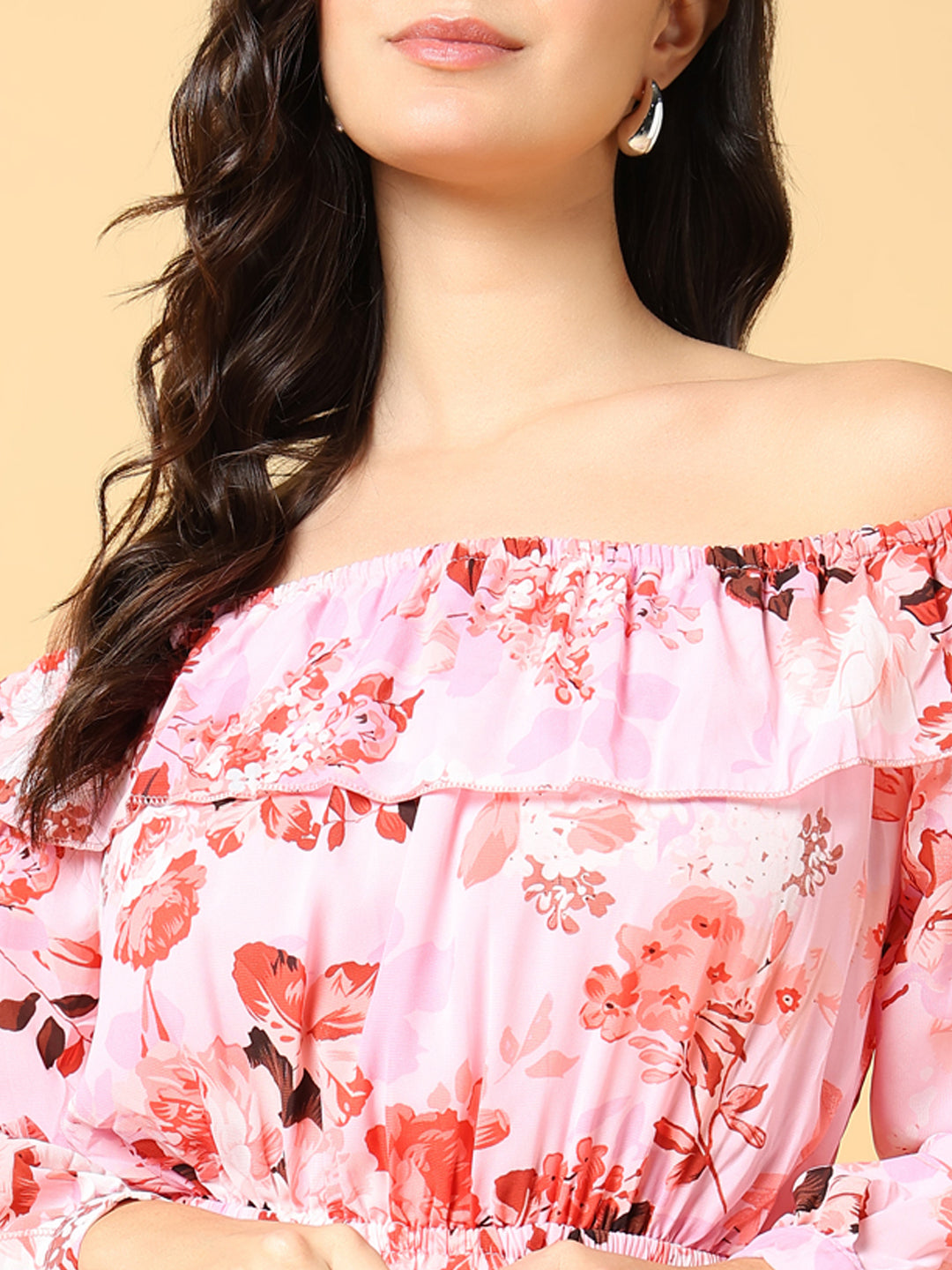 Women's Pink Floral Print Off-Shoulder Puff Sleeve Georgette Fit & Flare Maxi Dress