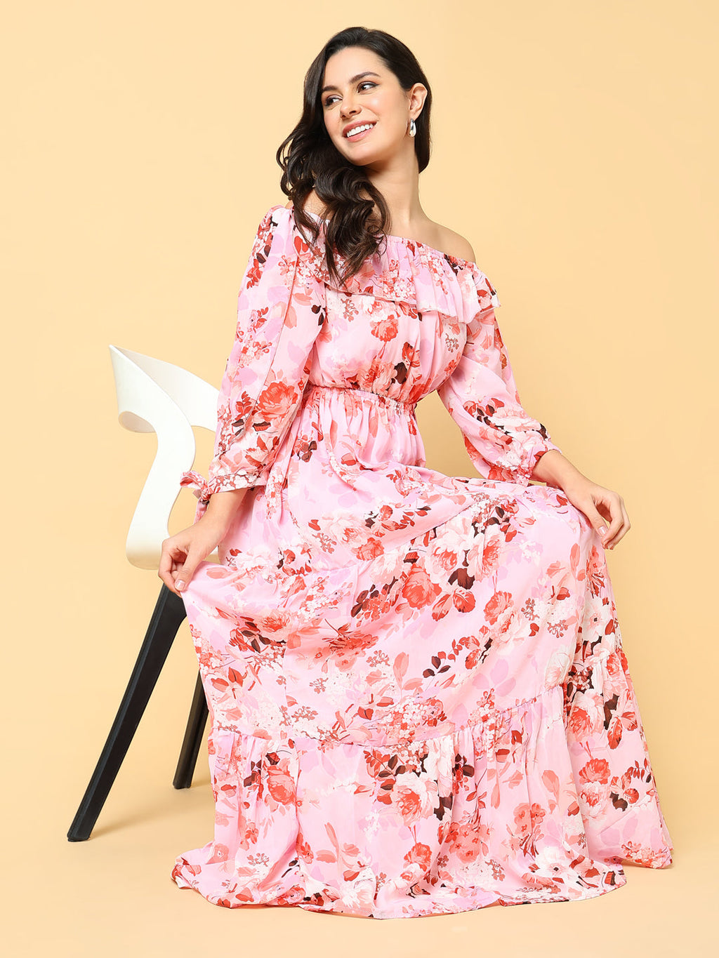 Women's Pink Floral Print Off-Shoulder Puff Sleeve Georgette Fit & Flare Maxi Dress