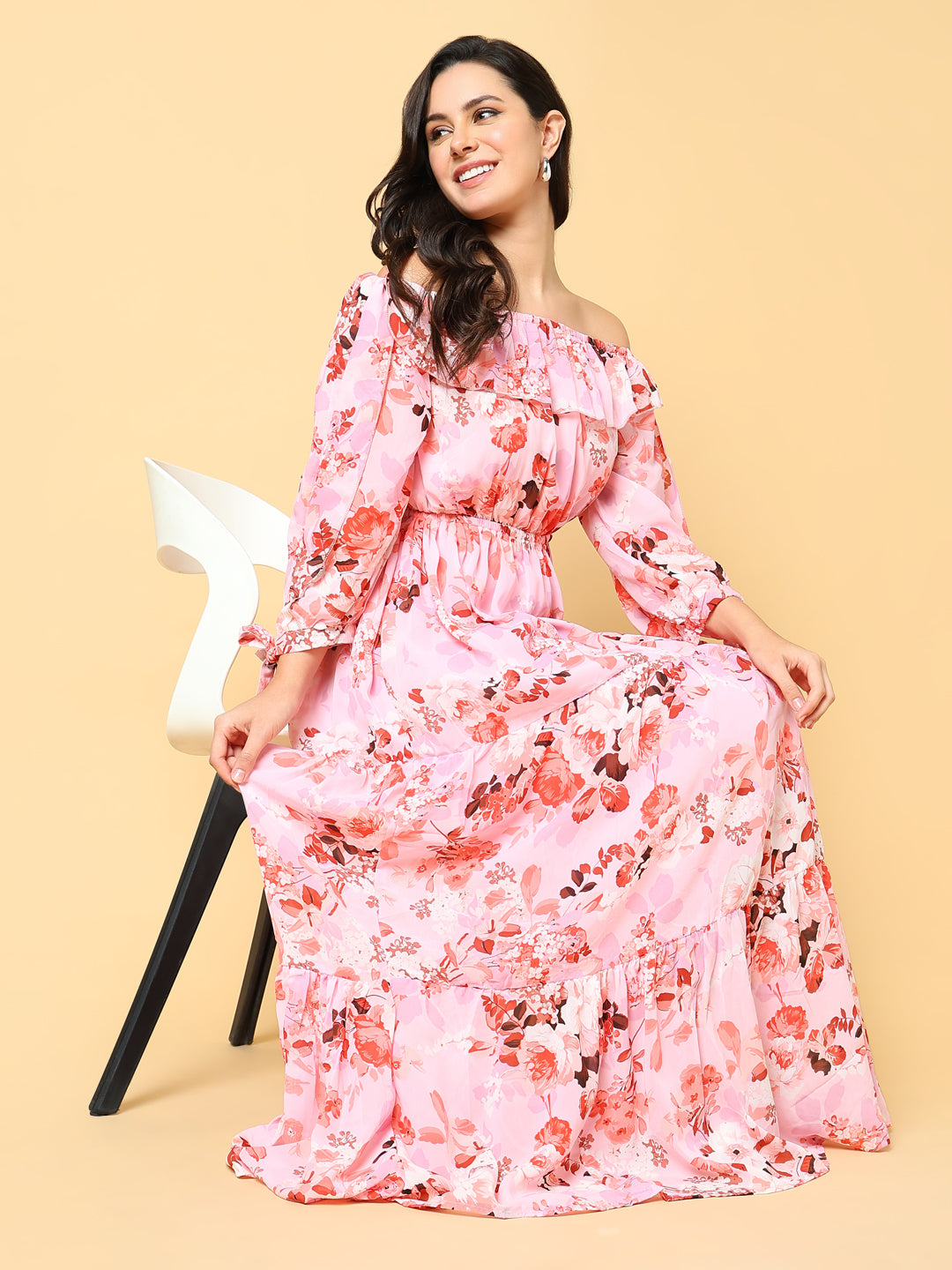 Women's Pink Floral Print Off-Shoulder Puff Sleeve Georgette Fit & Flare Maxi Dress