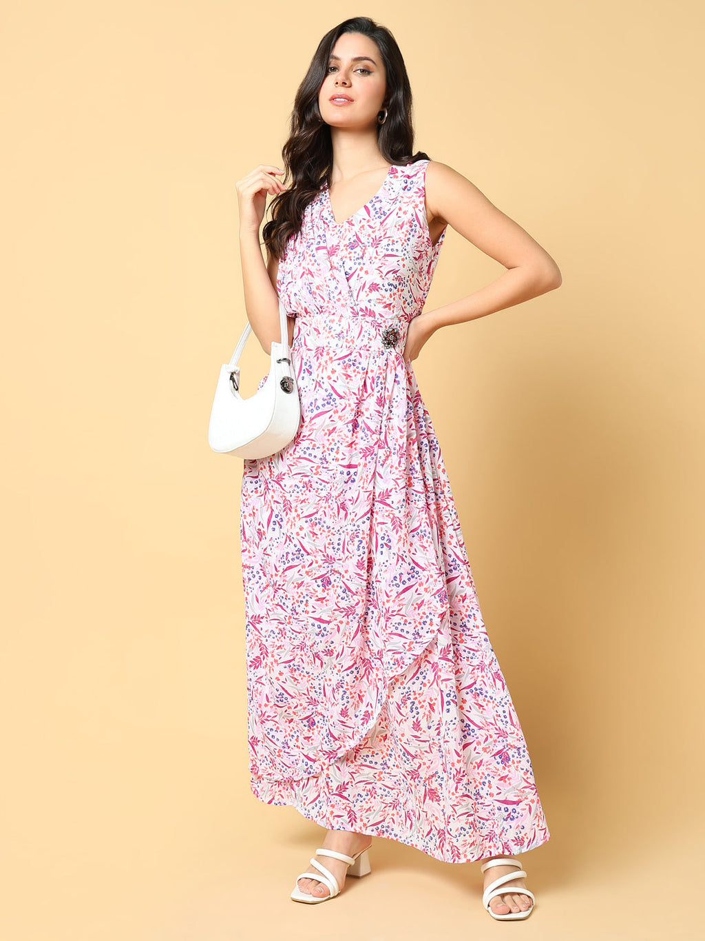 Women's Pink Floral Printed Fit & Flare Maxi Dress