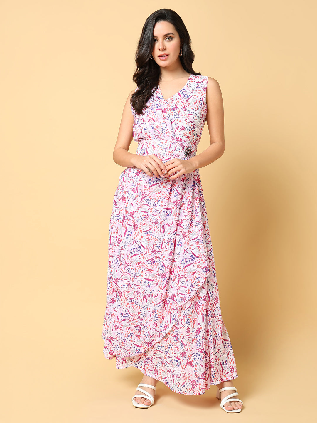 Women's Pink Floral Printed Fit & Flare Maxi Dress