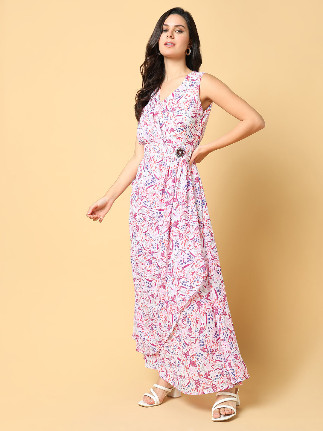Women's Pink Floral Printed Fit & Flare Maxi Dress