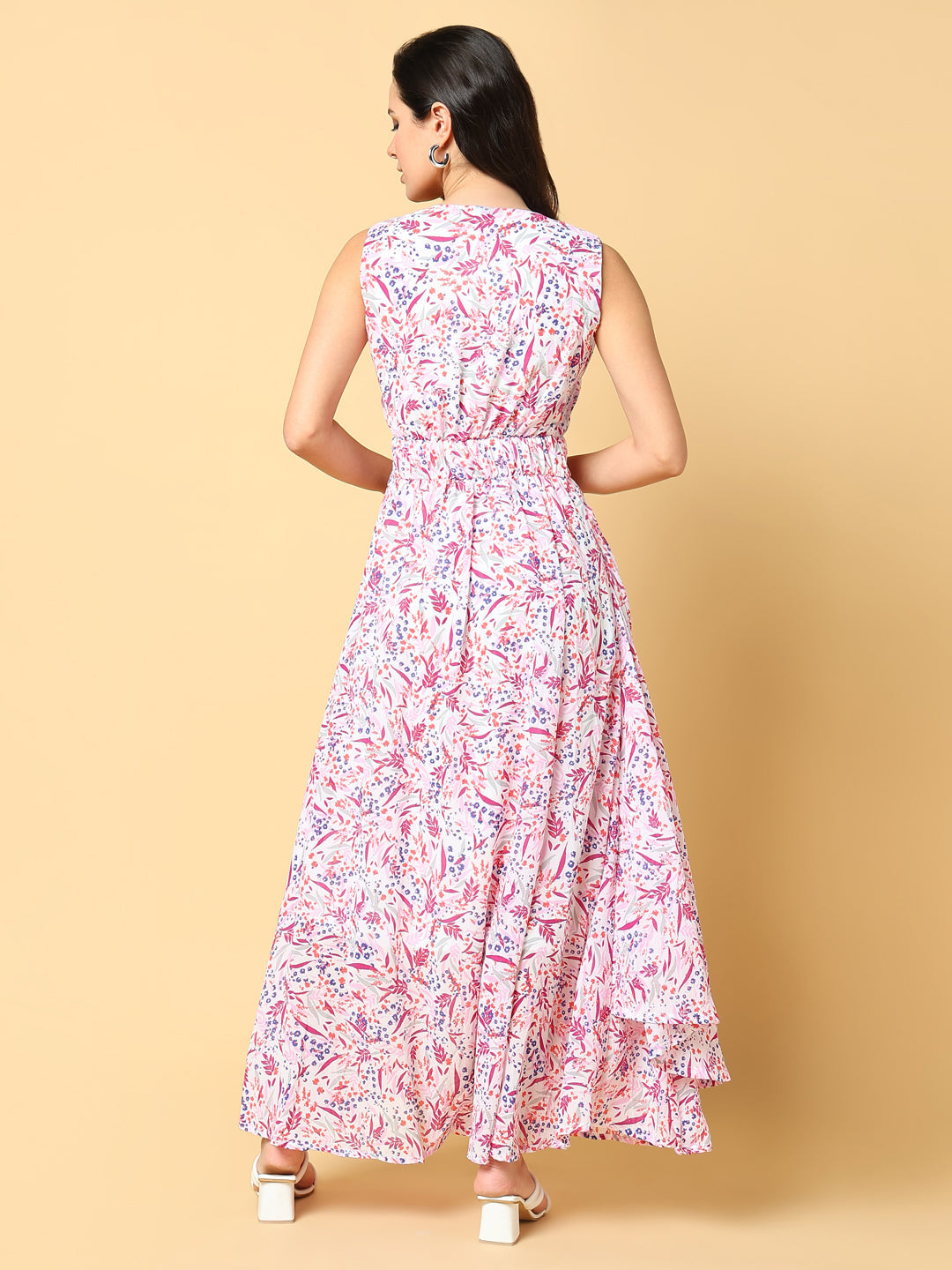 Women's Pink Floral Printed Fit & Flare Maxi Dress