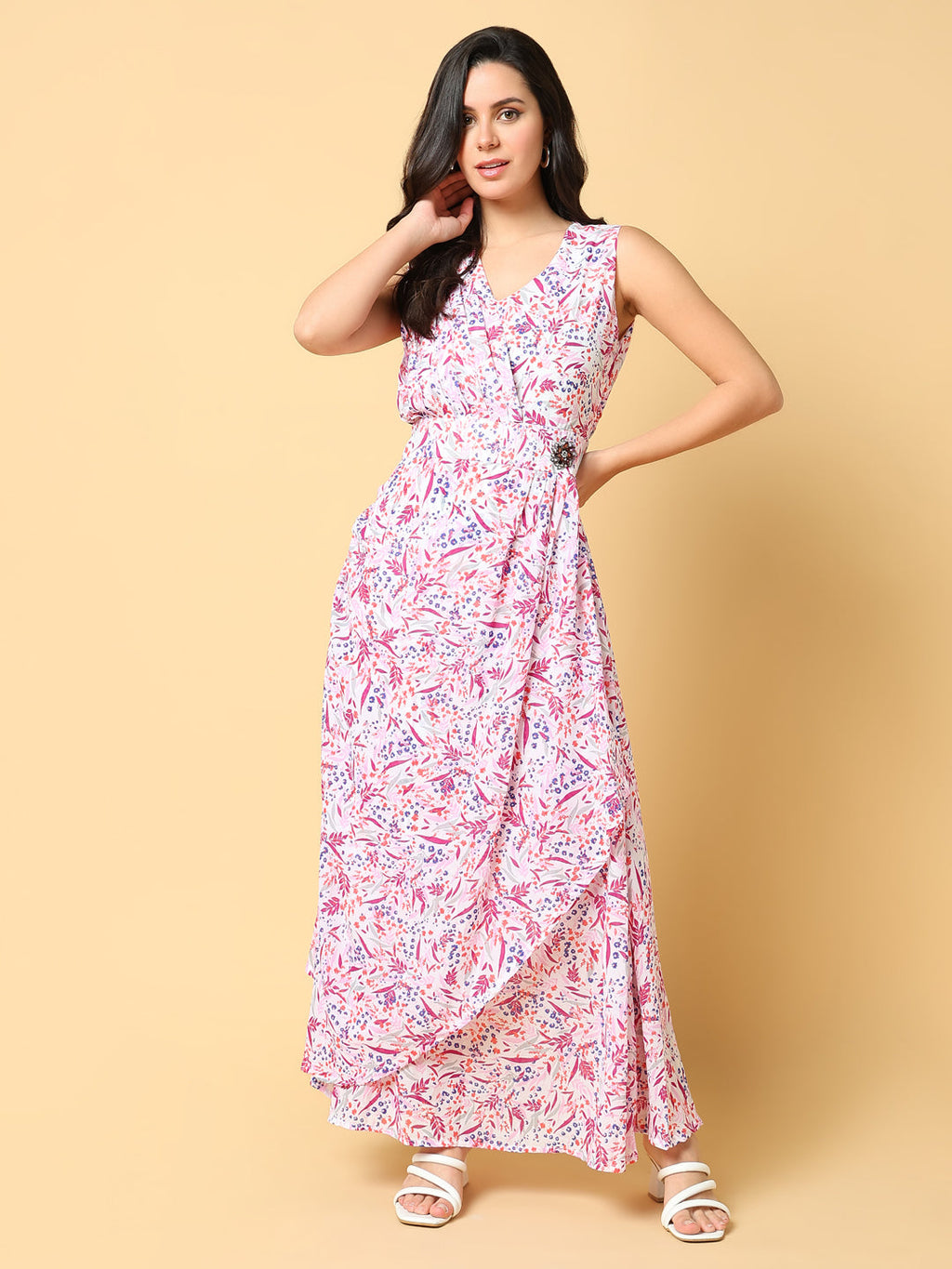 Women's Pink Floral Printed Fit & Flare Maxi Dress
