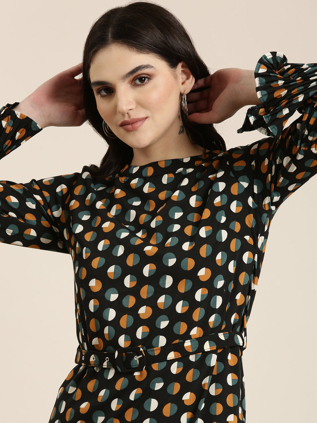 Women's Black Polka Dot Print Crepe A-Line Dress