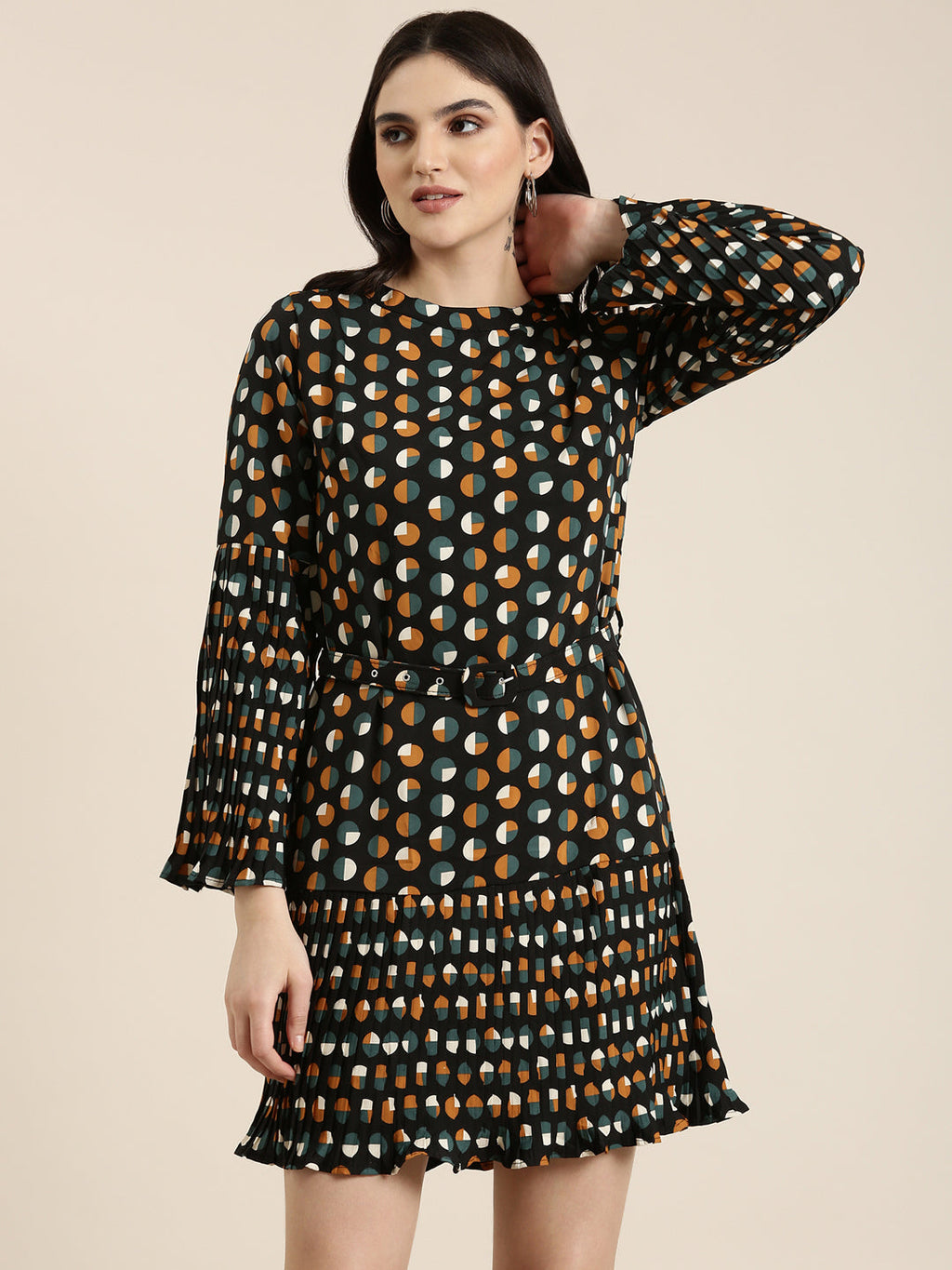 Women's Black Polka Dot Print Crepe A-Line Dress
