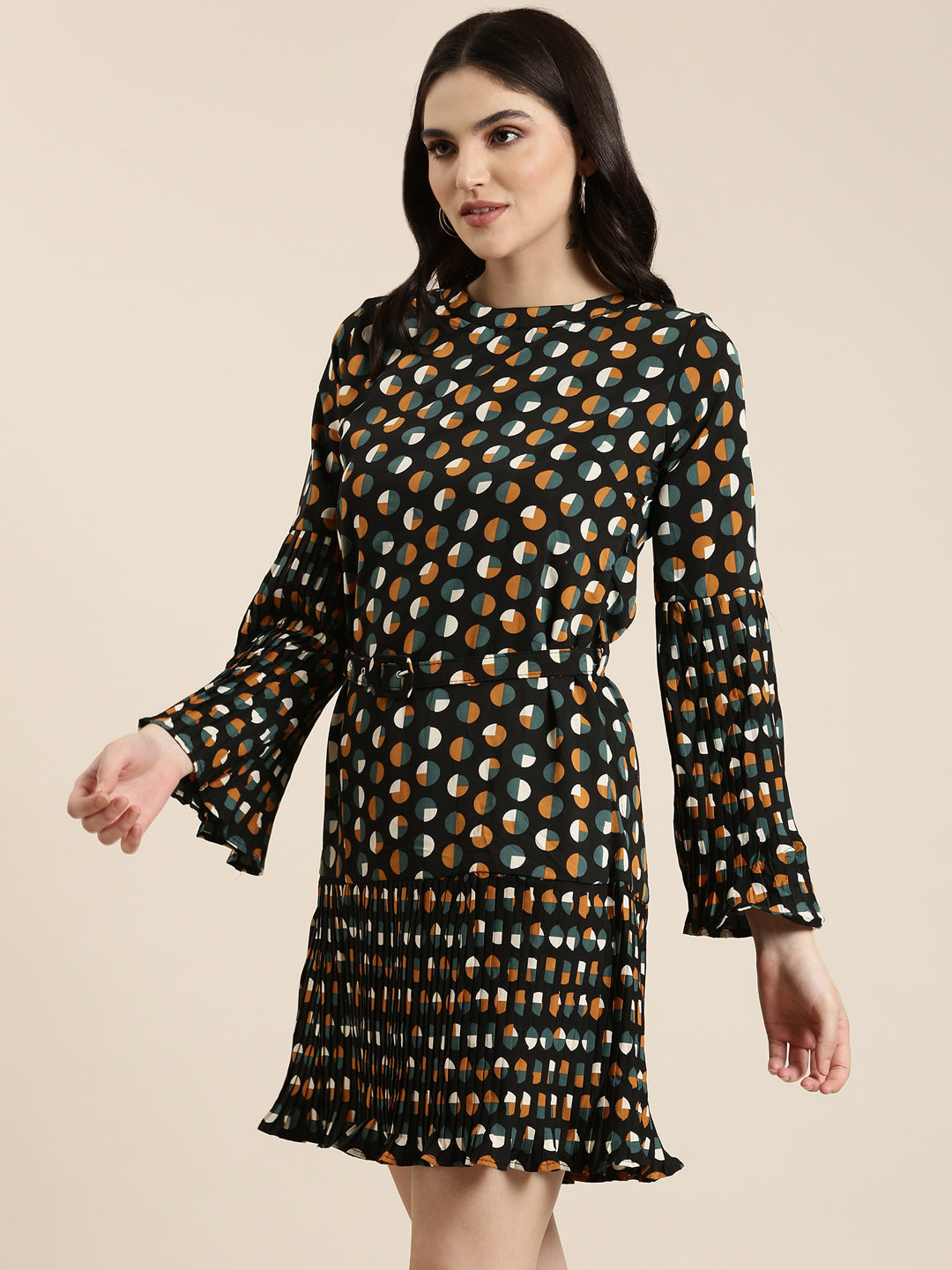 Women's Black Polka Dot Print Crepe A-Line Dress