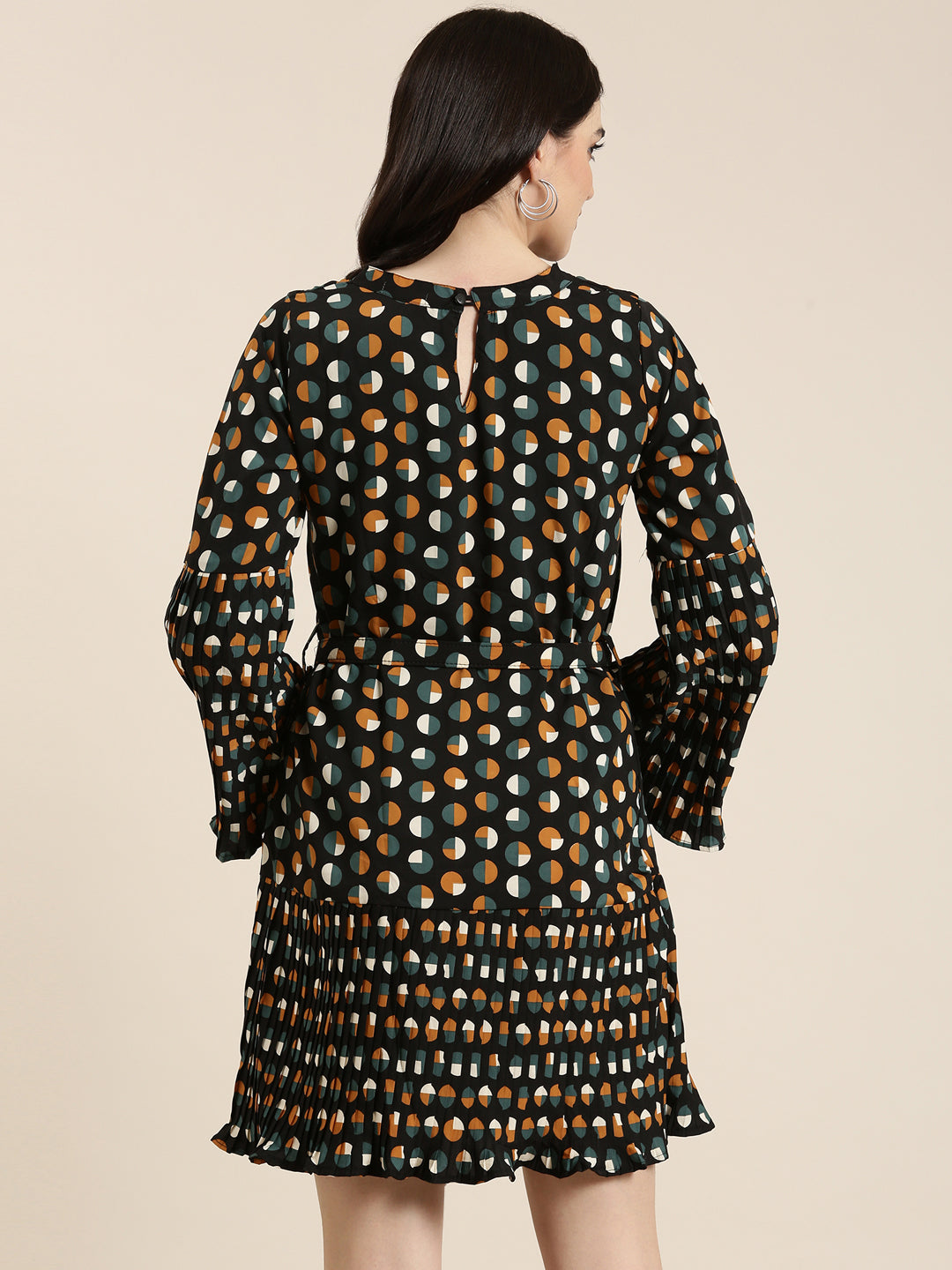 Women's Black Polka Dot Print Crepe A-Line Dress