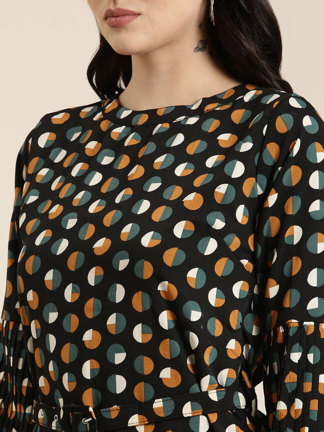 Women's Black Polka Dot Print Crepe A-Line Dress