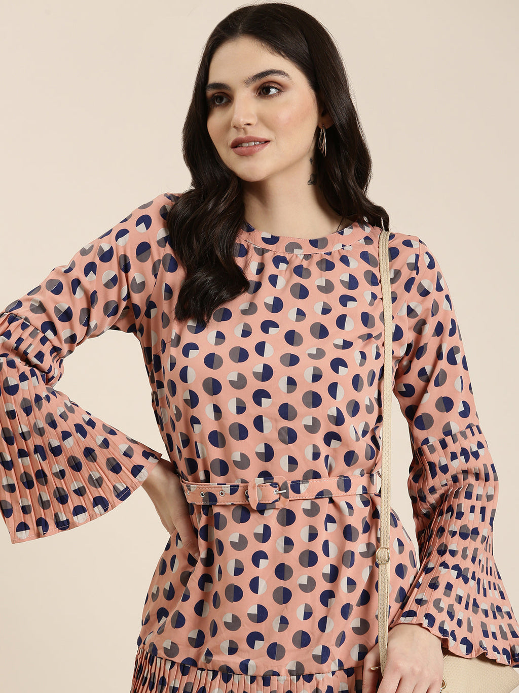 Women's Peach Geometric Printed Bell Sleeve A-Line Dress With Belt