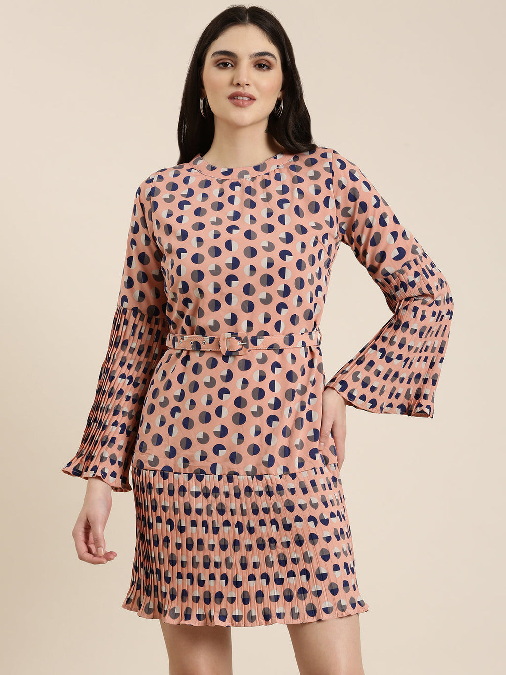 Women's Peach Geometric Printed Bell Sleeve A-Line Dress With Belt