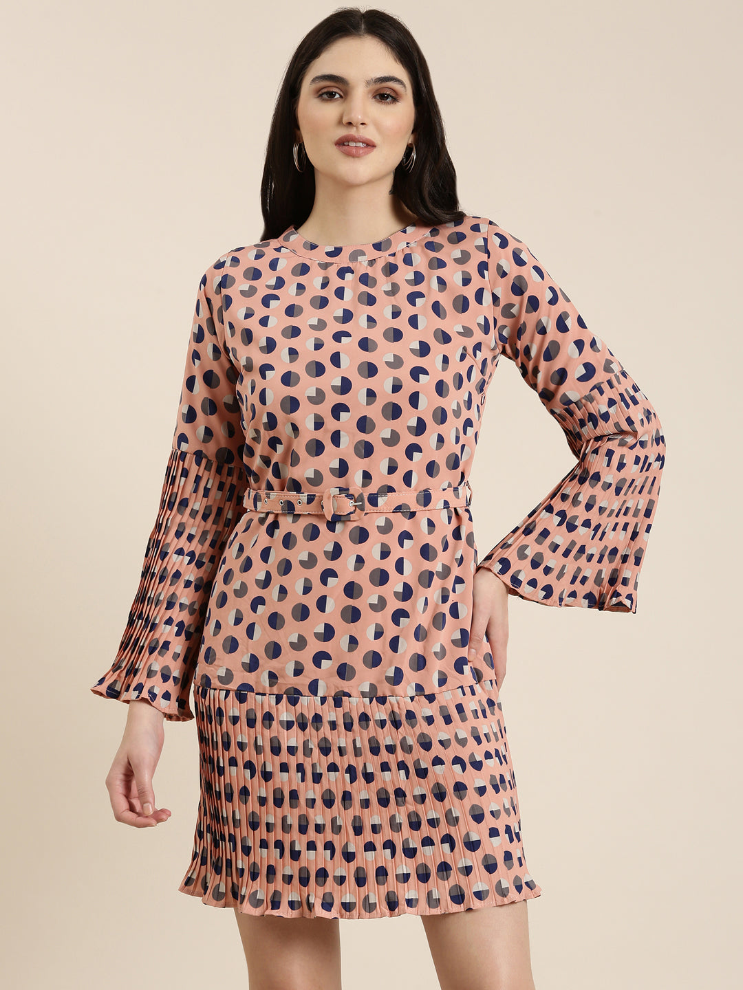 Women's Peach Geometric Printed Bell Sleeve A-Line Dress With Belt