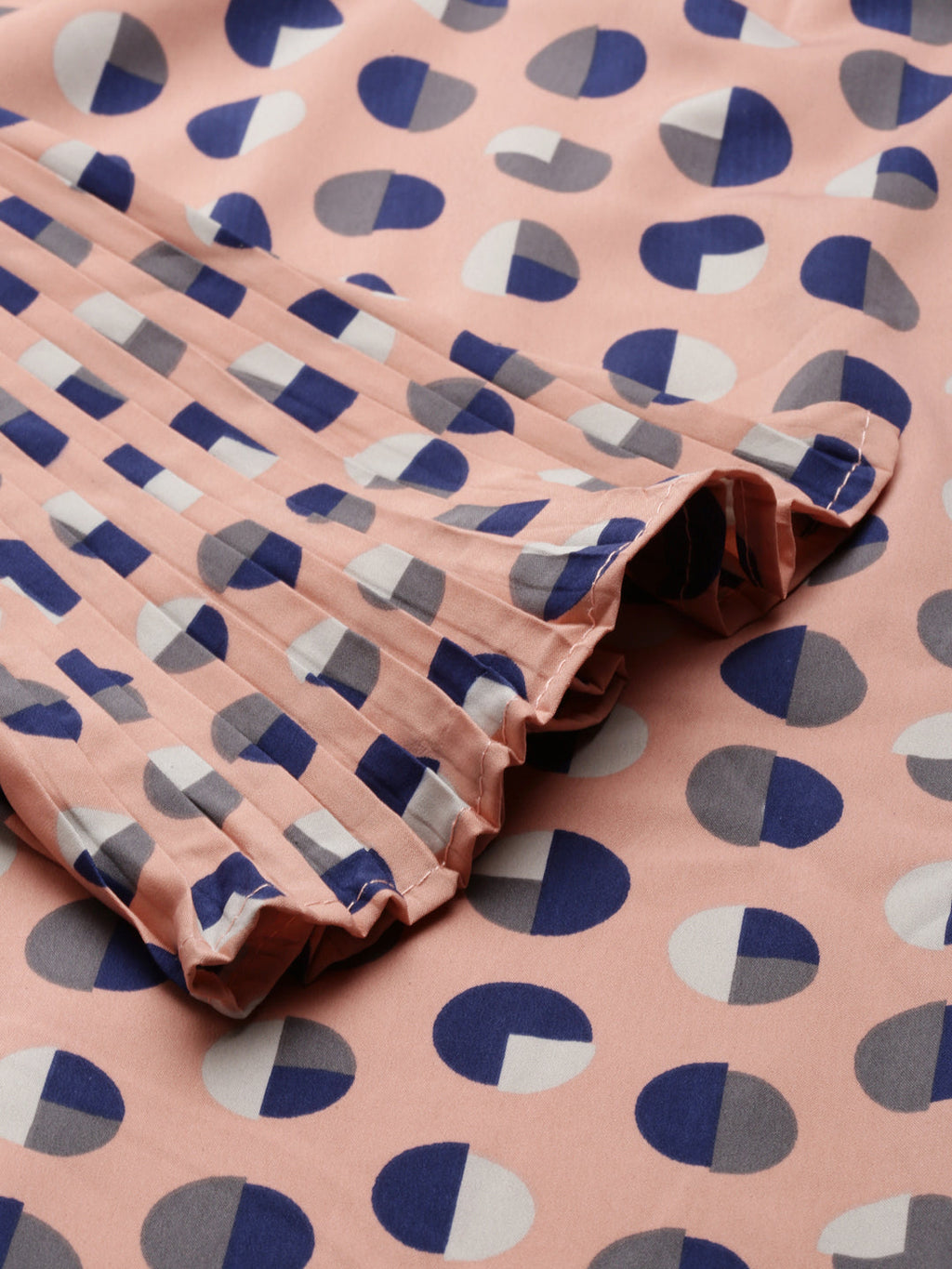 Women's Peach Geometric Printed Bell Sleeve A-Line Dress With Belt