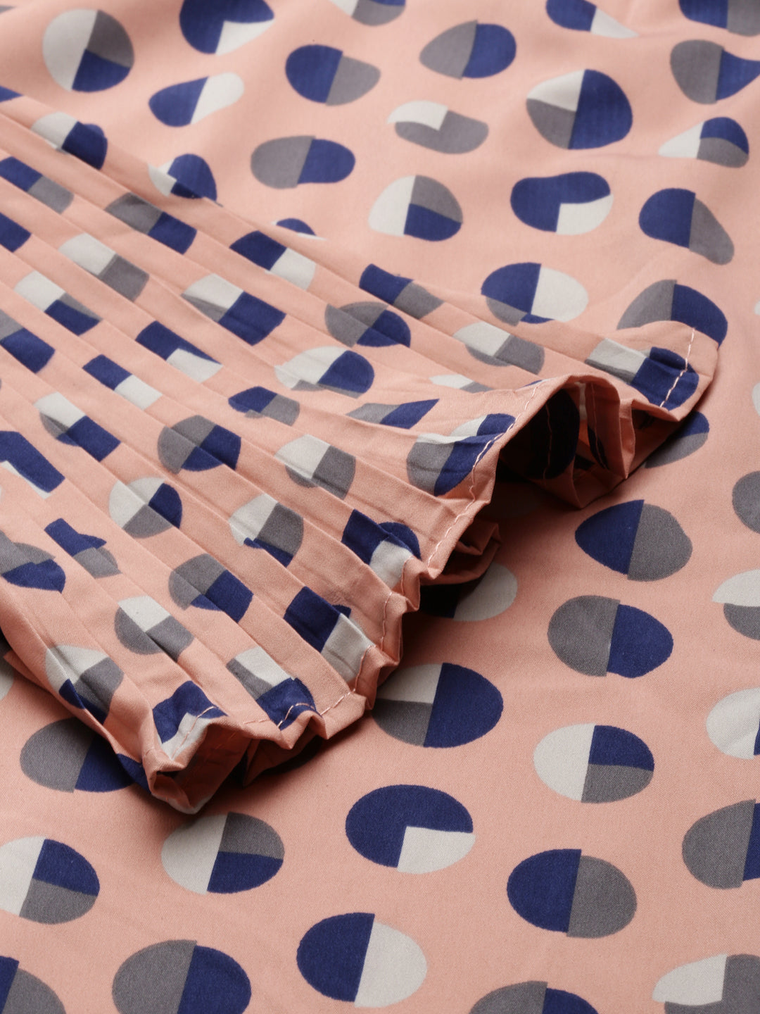 Women's Peach Geometric Printed Bell Sleeve A-Line Dress With Belt