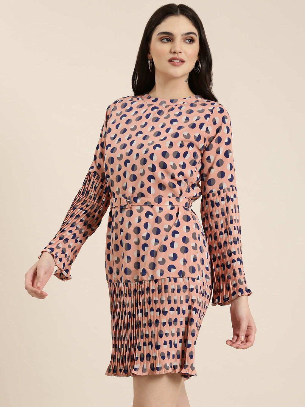 Women's Peach Geometric Printed Bell Sleeve A-Line Dress With Belt