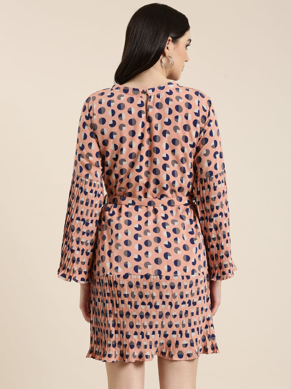 Women's Peach Geometric Printed Bell Sleeve A-Line Dress With Belt