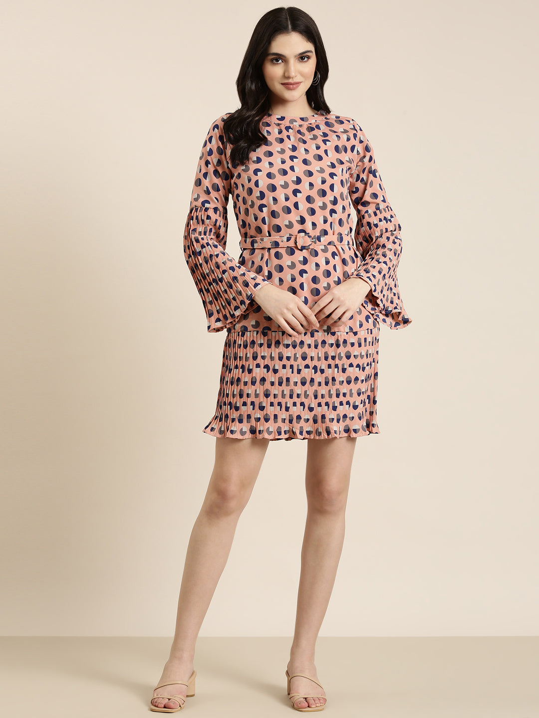 Women's Peach Geometric Printed Bell Sleeve A-Line Dress With Belt