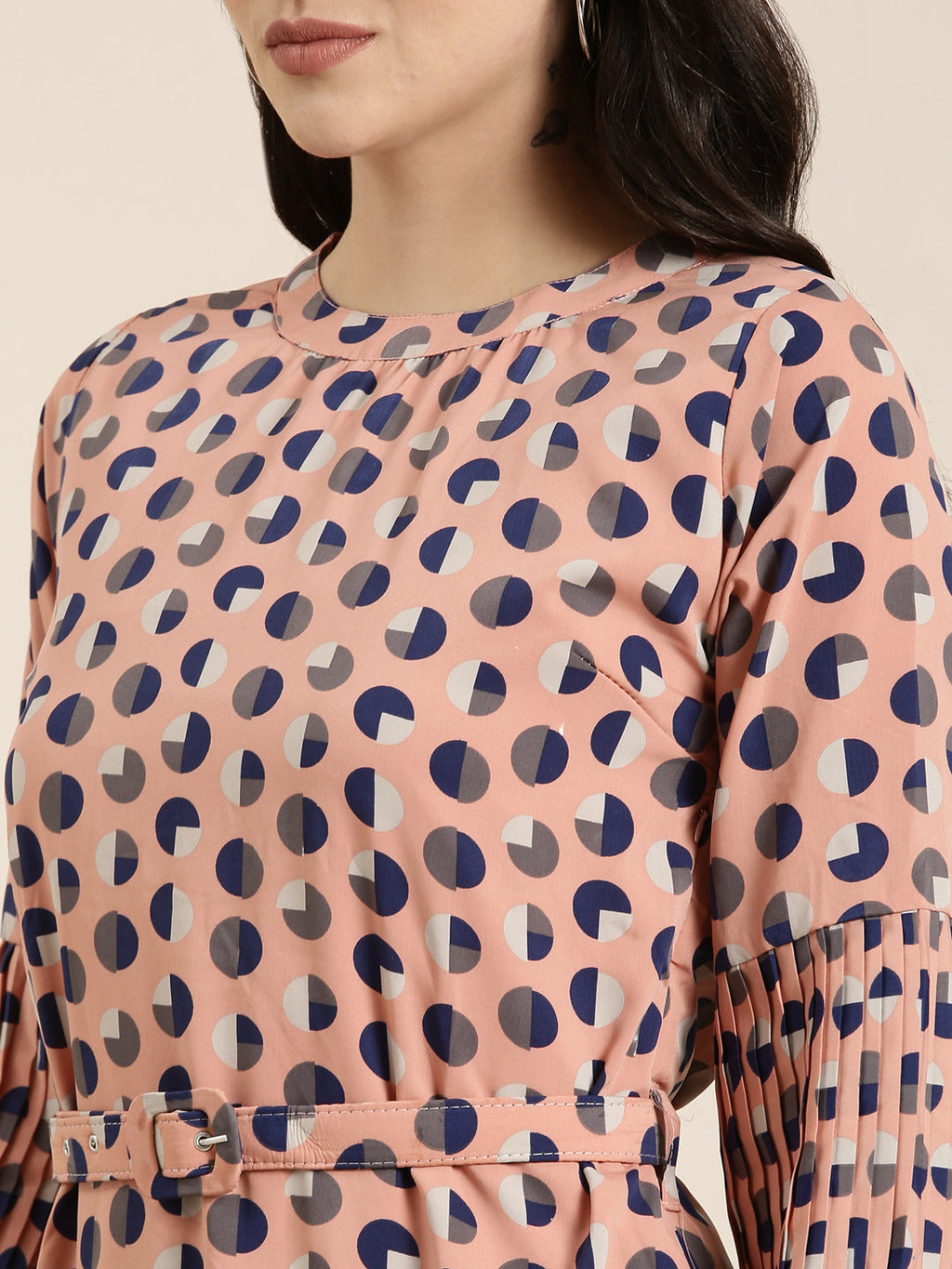 Women's Peach Geometric Printed Bell Sleeve A-Line Dress With Belt