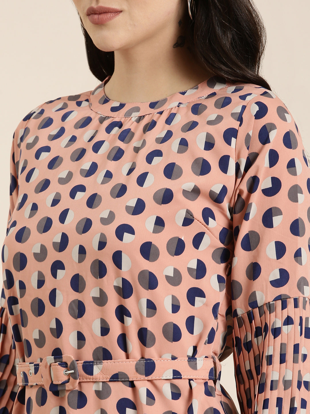 Women's Peach Geometric Printed Bell Sleeve A-Line Dress With Belt