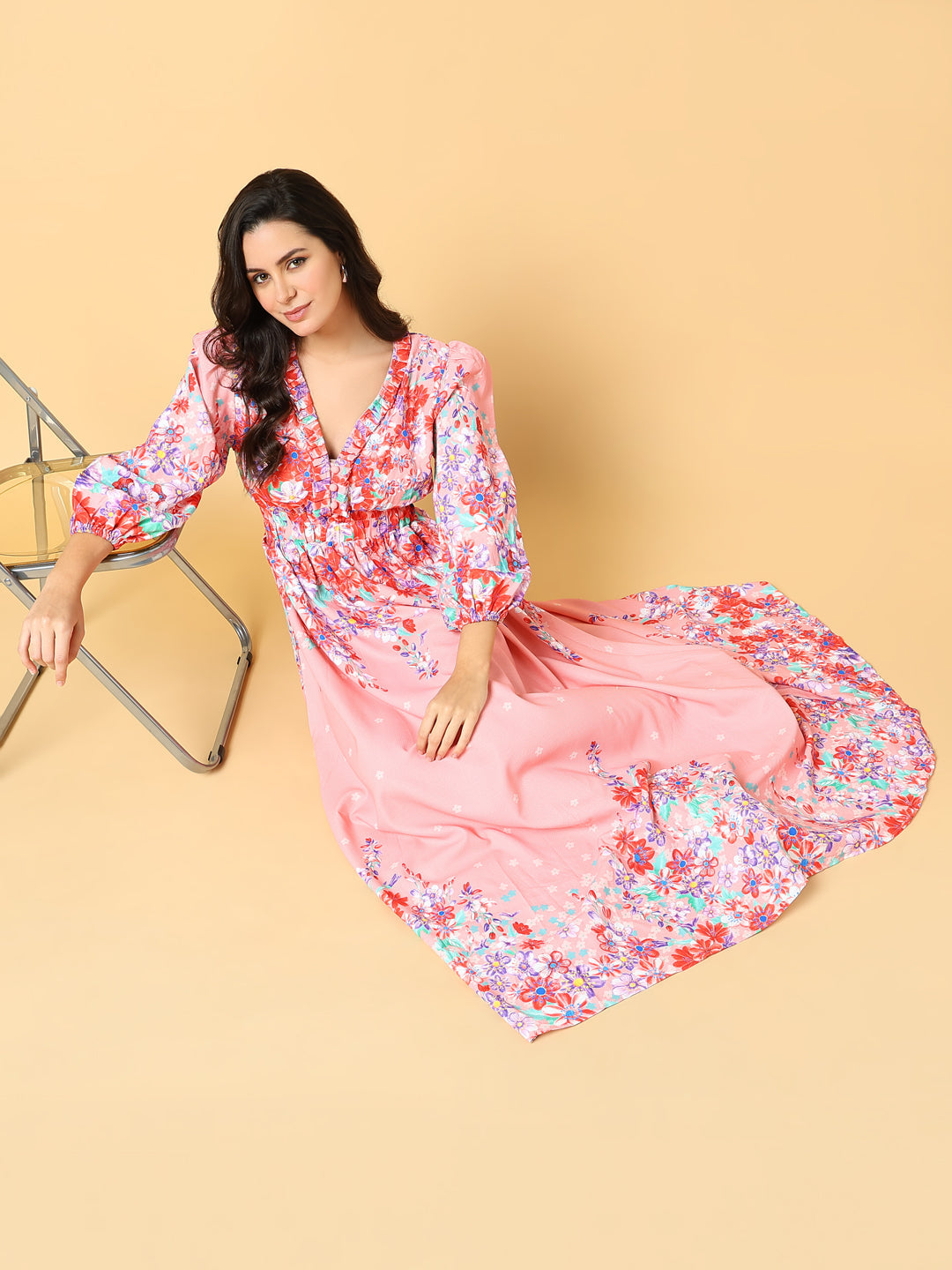 Women's Pink Floral Printed Puff Sleeve Ruffled Fit & Flare Maxi Dress