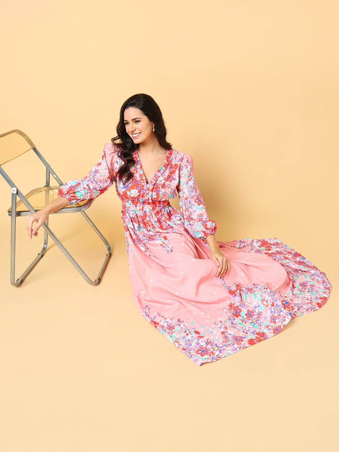 Women's Pink Floral Printed Puff Sleeve Ruffled Fit & Flare Maxi Dress