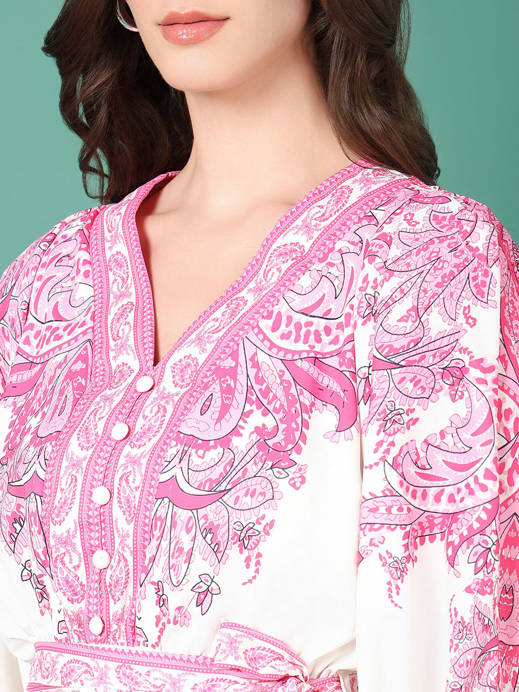 Women's Pink Ethnic Print Puff Sleeve Chiffon Fit & Flare Mini Dress