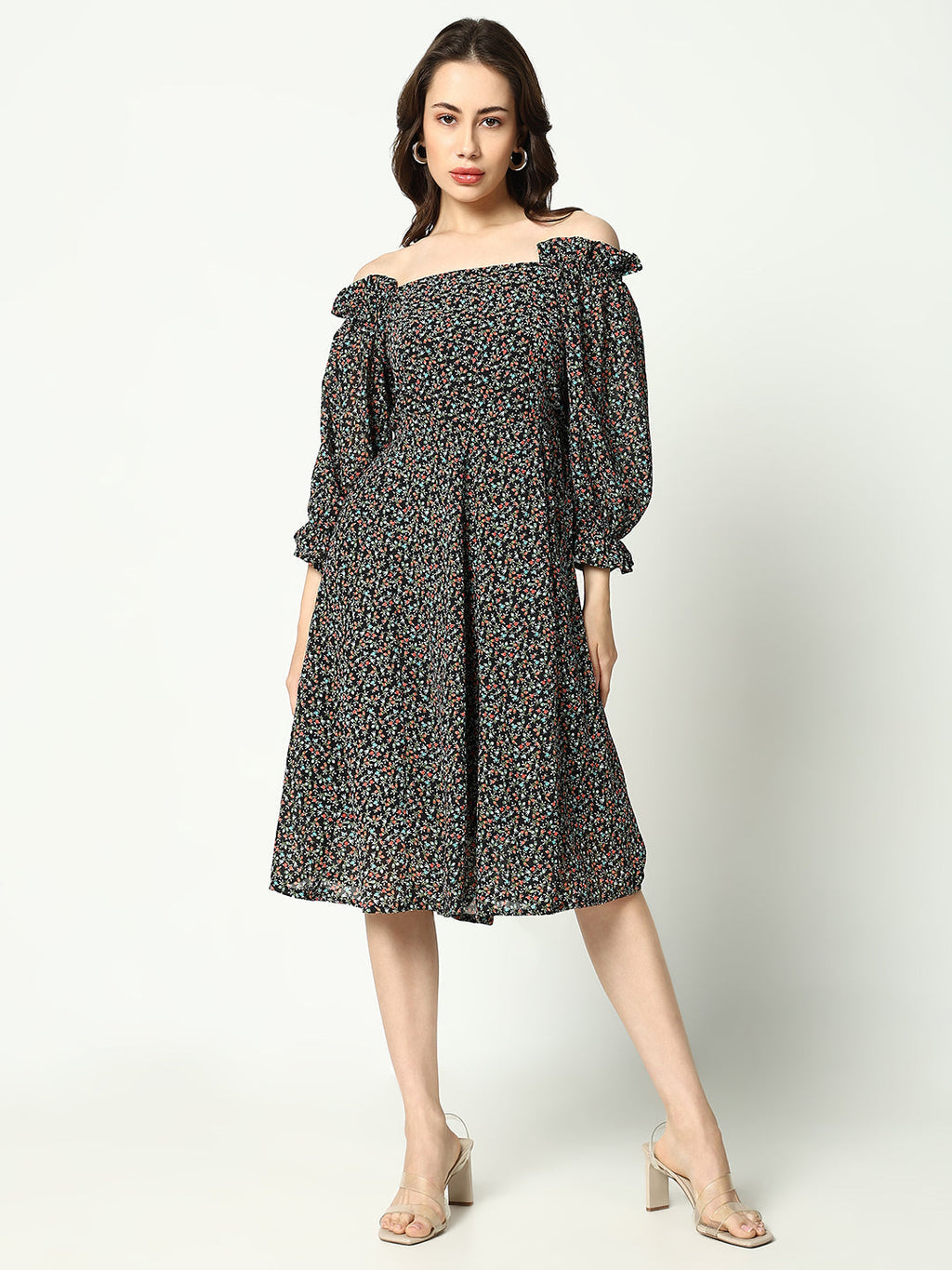 Women's Black Floral Printed Fit& Flare Dress